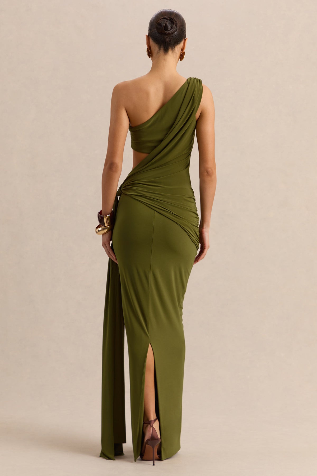 Clarosia | Verde Escote Asimétrico Vestido Largo con Abertura y Fajín