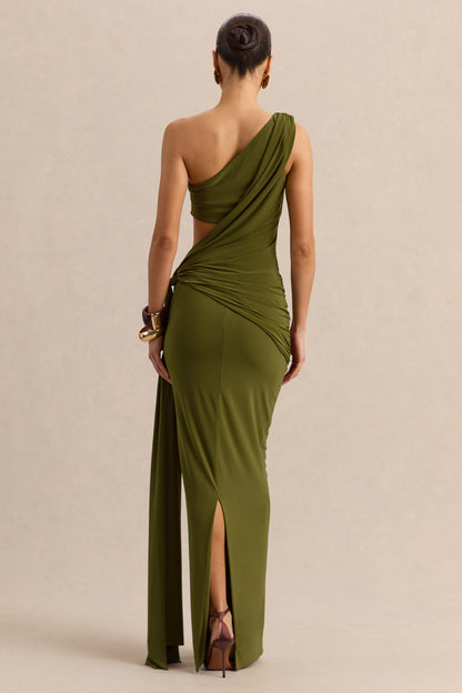 Clarosia | Verde Escote Asimétrico Vestido Largo con Abertura y Fajín