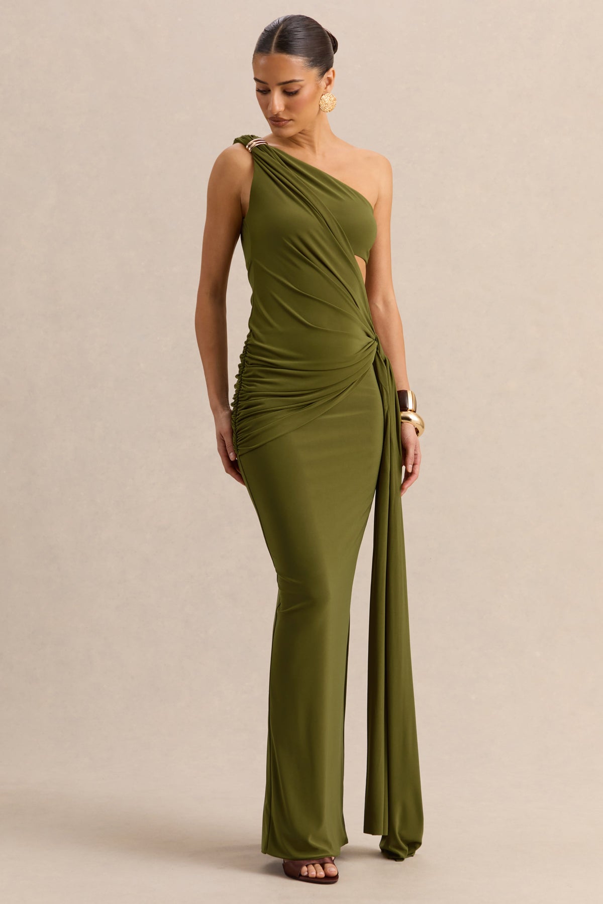 Clarosia | Verde Escote Asimétrico Vestido Largo con Abertura y Fajín