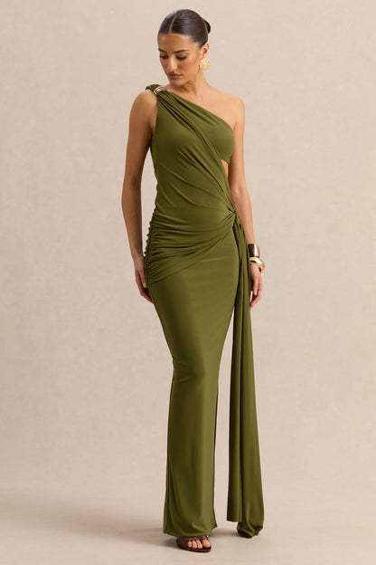 Clarosia | Verde Escote Asimétrico Vestido Largo con Abertura y Fajín