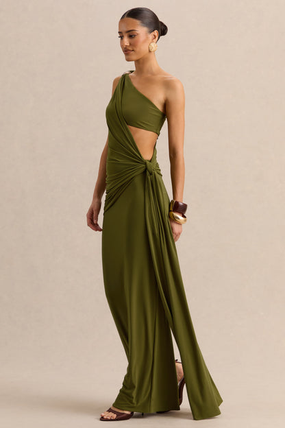 Clarosia | Verde Escote Asimétrico Vestido Largo con Abertura y Fajín