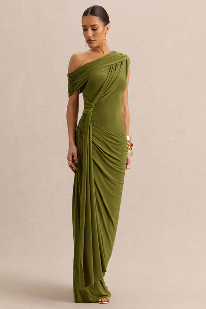 Avialee | Vestido Largo Verde de Escote Asimétrico con Detalle Drapeado y Fajín