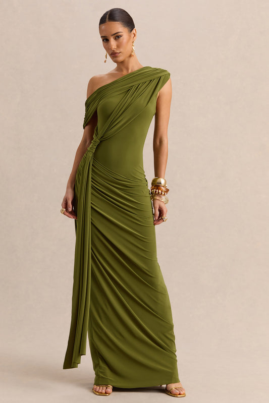 Avialee | Vestido Largo Verde de Escote Asimétrico con Detalle Drapeado y Fajín