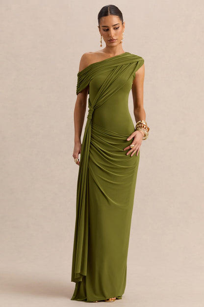 Avialee | Vestido Largo Verde de Escote Asimétrico con Detalle Drapeado y Fajín
