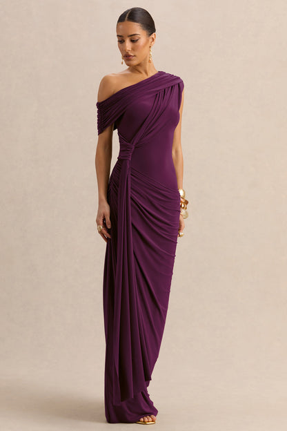 Avialee | Vestido Largo Ciruela oscuro de Escote Asimétrico con Detalle Drapeado y Fajín