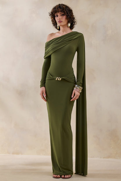 Bessy | Vestido Largo Verde Con Escote Asimétrico, Detalles Fruncidos Y Banda