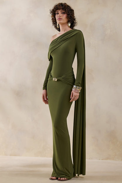 Bessy | Vestido Largo Verde Con Escote Asimétrico, Detalles Fruncidos Y Banda
