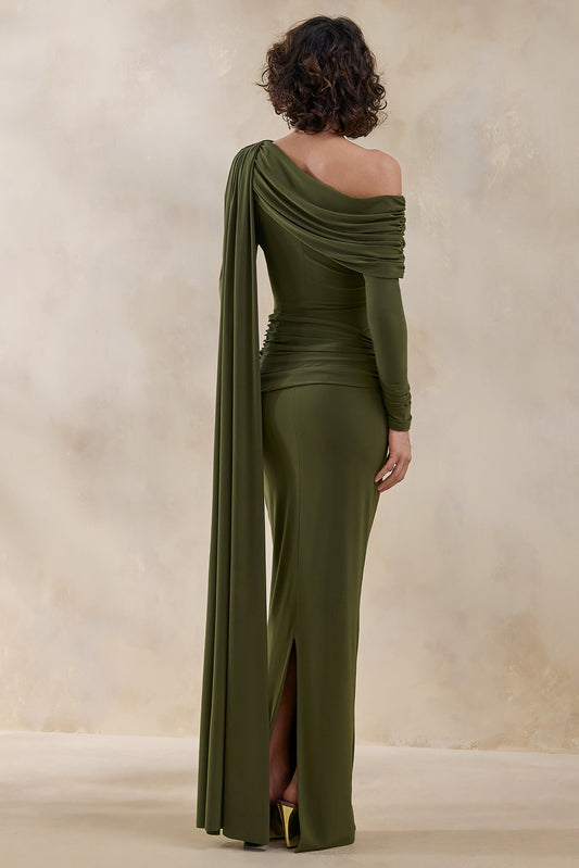 Bessy | Vestido Largo Verde Con Escote Asimétrico, Detalles Fruncidos Y Banda