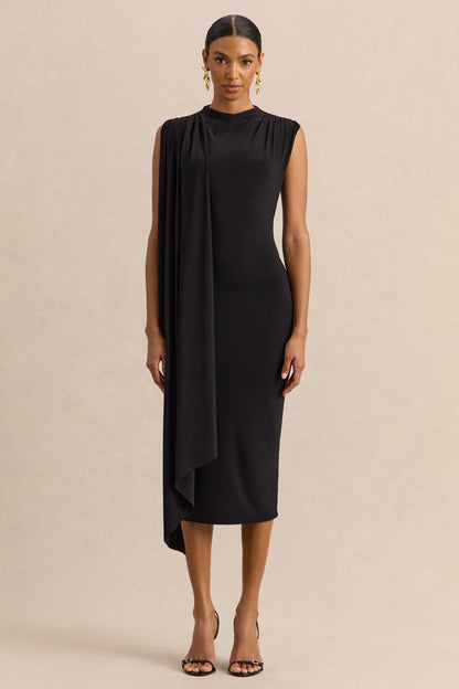Oleandra | Vestido Midi Negro De Jersey Premium Con Cuello Alto Y Detalle Drapeado