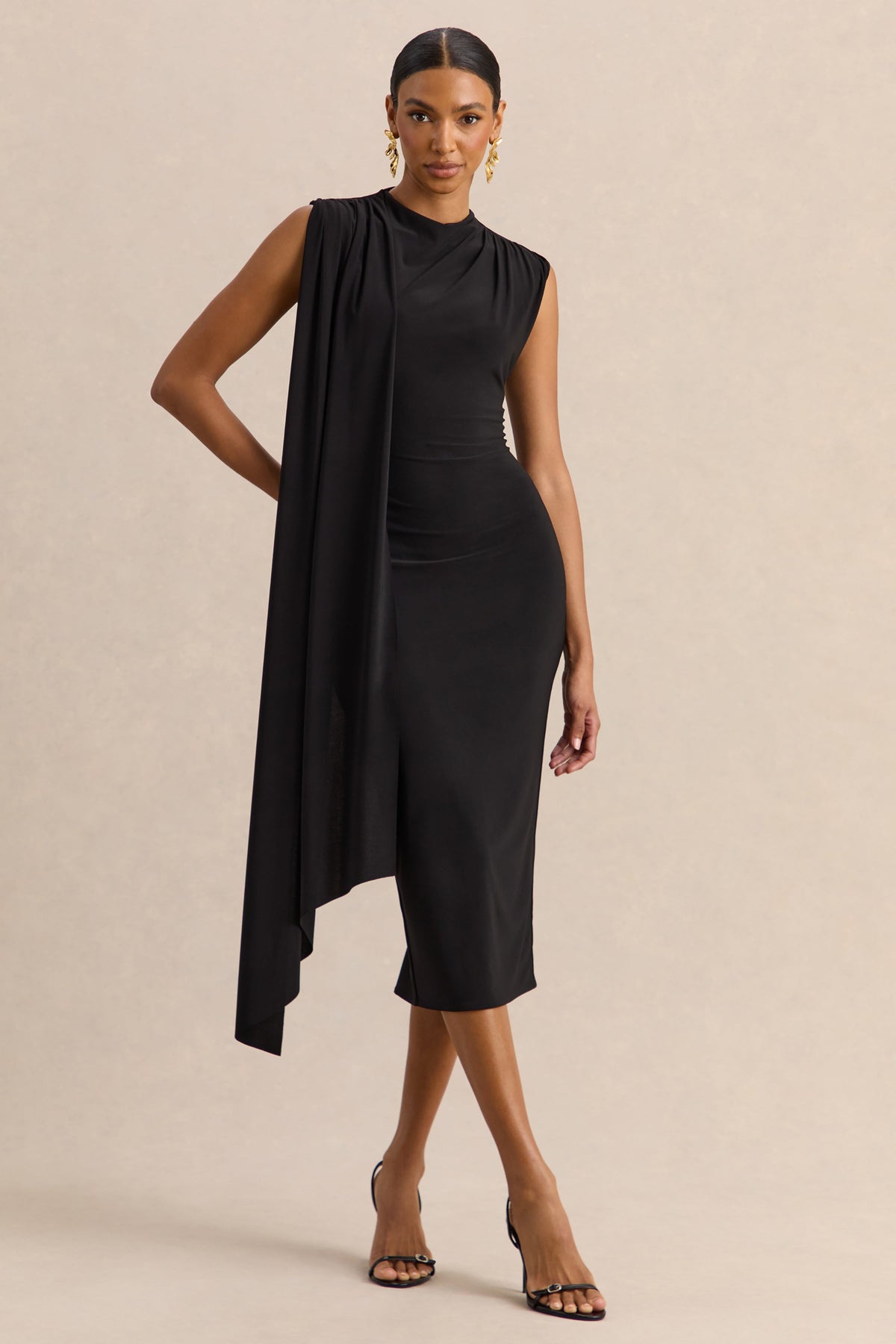 Oleandra | Vestido Midi Negro De Jersey Premium Con Cuello Alto Y Detalle Drapeado