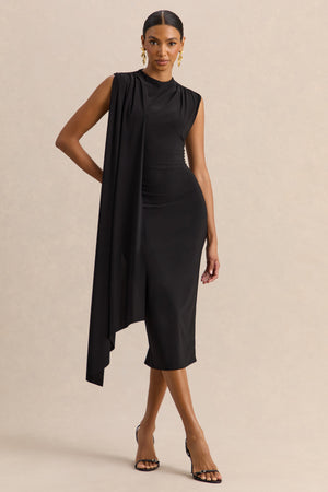 Oleandra | Vestido Midi Negro De Jersey Premium Con Cuello Alto Y Detalle Drapeado