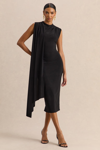 Oleandra | Vestido Midi Negro De Jersey Premium Con Cuello Alto Y Detalle Drapeado