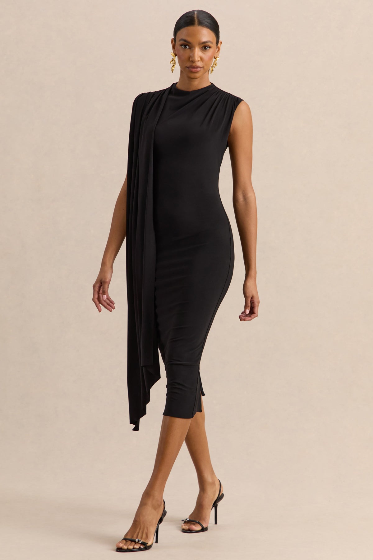 Oleandra | Vestido Midi Negro De Jersey Premium Con Cuello Alto Y Detalle Drapeado