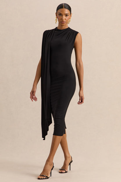 Oleandra | Vestido Midi Negro De Jersey Premium Con Cuello Alto Y Detalle Drapeado