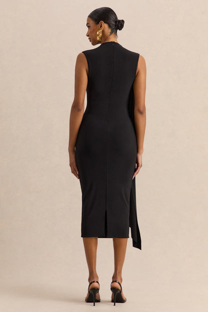 Oleandra | Vestido Midi Negro De Jersey Premium Con Cuello Alto Y Detalle Drapeado
