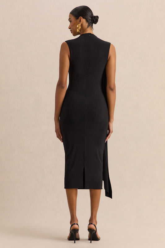 Oleandra | Vestido Midi Negro De Jersey Premium Con Cuello Alto Y Detalle Drapeado