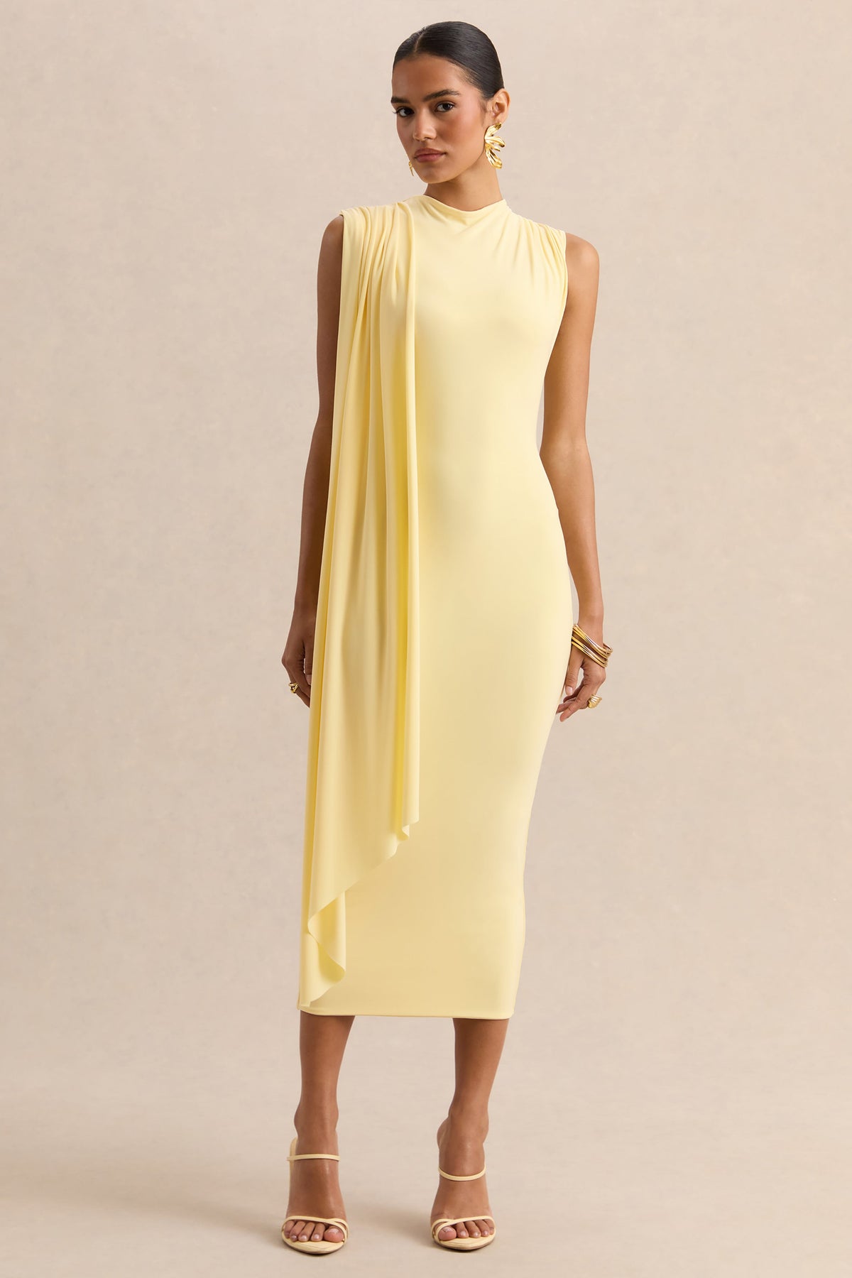 Oleandra | Vestido Midi Limón de Cuello Alto con Detalle Drapeado