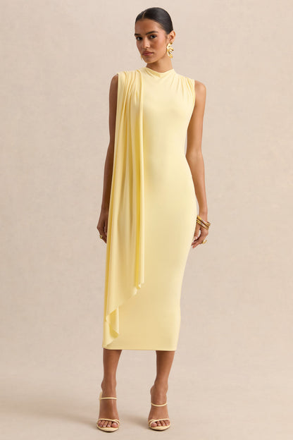 Oleandra | Vestido Midi Limón de Cuello Alto con Detalle Drapeado