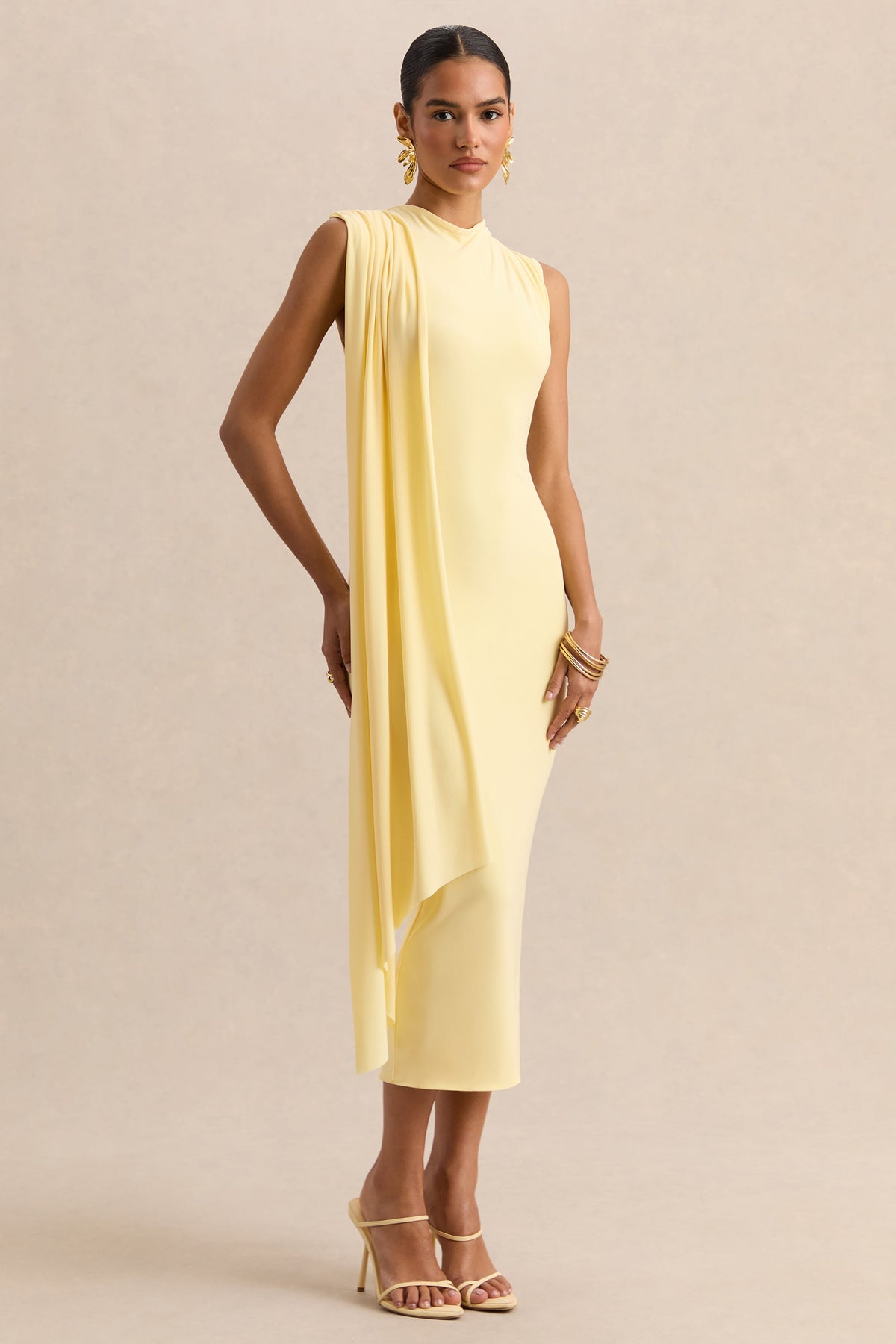 Oleandra | Vestido Midi Limón de Cuello Alto con Detalle Drapeado