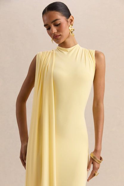 Oleandra | Vestido Midi Limón de Cuello Alto con Detalle Drapeado