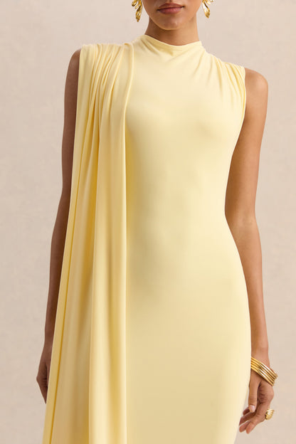 Oleandra | Vestido Midi Limón de Cuello Alto con Detalle Drapeado