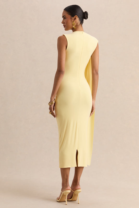 Oleandra | Vestido Midi Limón de Cuello Alto con Detalle Drapeado