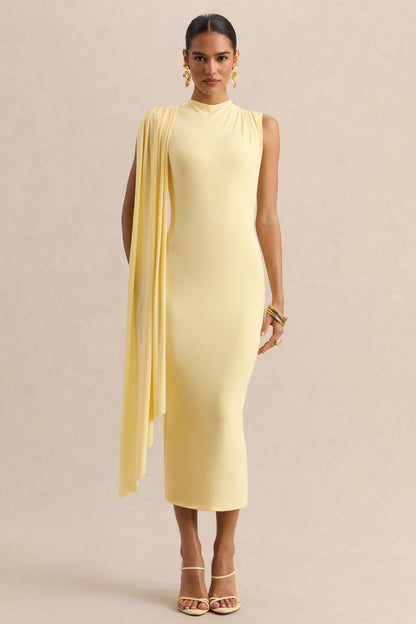 Oleandra | Vestido Midi Limón de Cuello Alto con Detalle Drapeado
