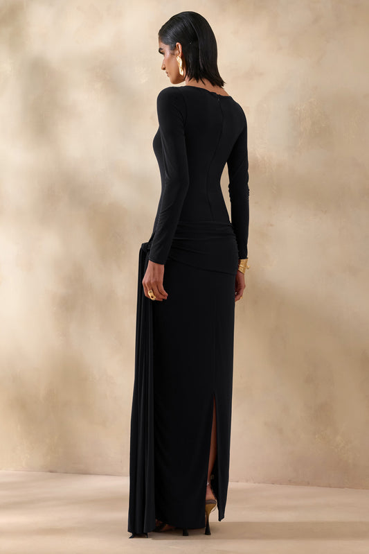 Astrielle | Vestido Largo Negro De Jersey Elástico Con Escote Amplio Y Detalle Dorado