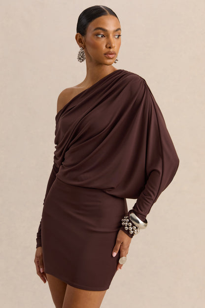 Inoria | Vestido Corto Marrón de Escote Asimétrico