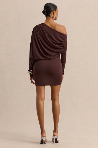 Inoria | Vestido Corto Marrón de Escote Asimétrico