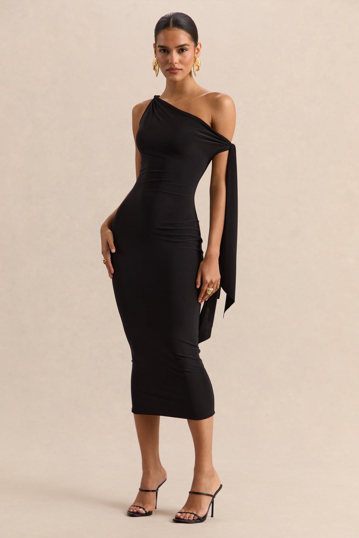 Arcelia | Negro Escote Asimétrico Vestido Midi con Detalle de Nudo en Manga