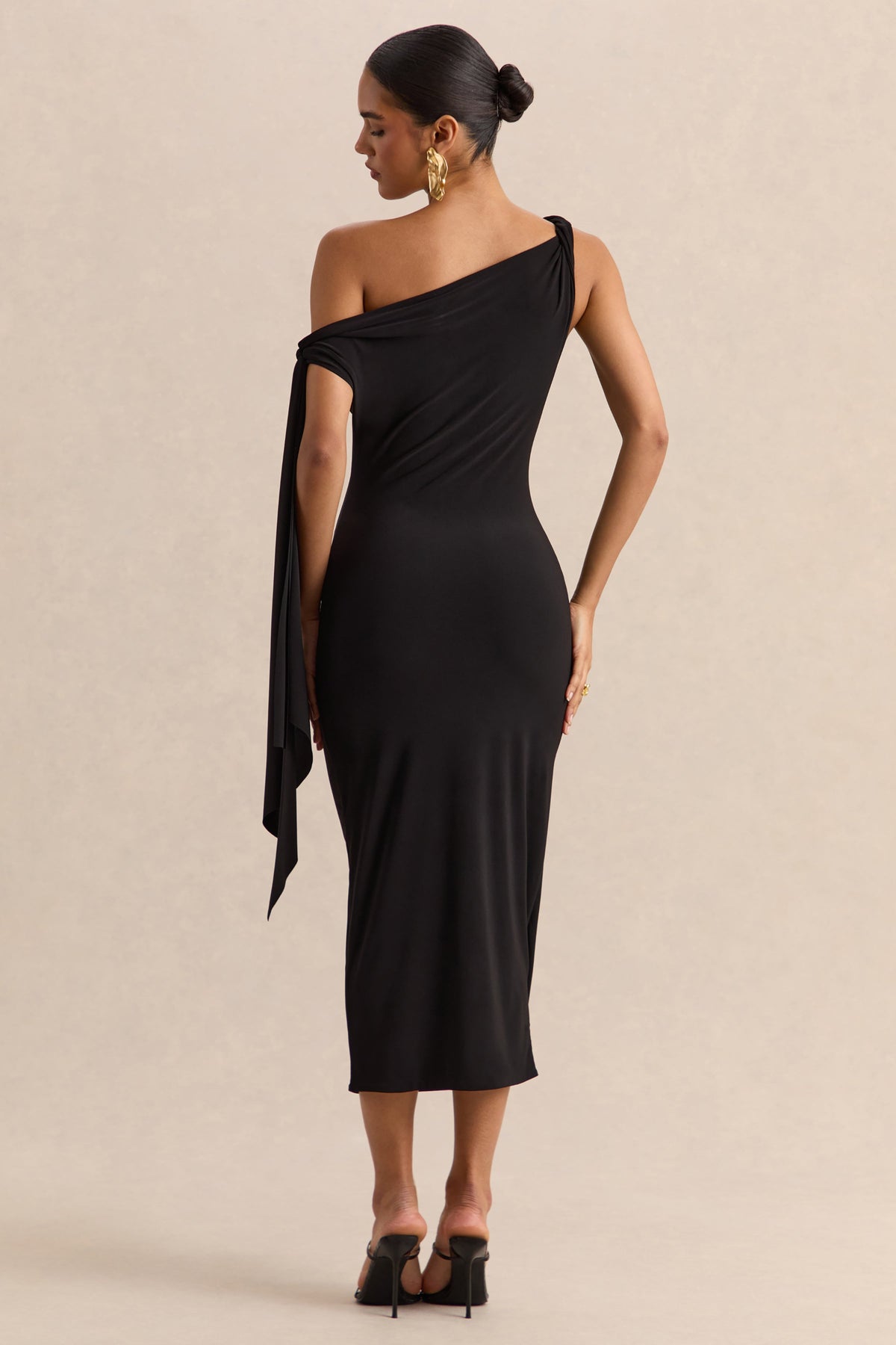 Arcelia | Negro Escote Asimétrico Vestido Midi con Detalle de Nudo en Manga