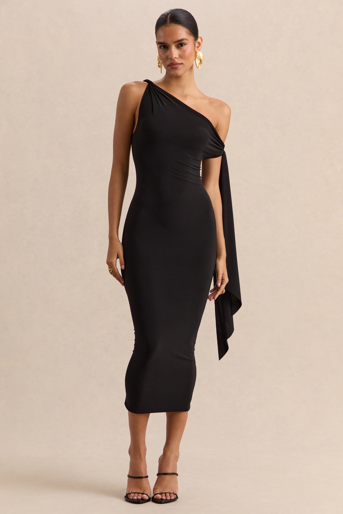 Arcelia | Negro Escote Asimétrico Vestido Midi con Detalle de Nudo en Manga