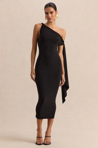 Arcelia | Negro Escote Asimétrico Vestido Midi con Detalle de Nudo en Manga