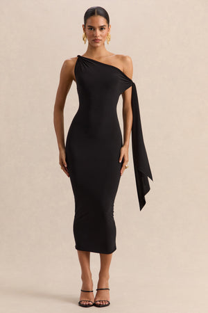 Arcelia | Negro Escote Asimétrico Vestido Midi con Detalle de Nudo en Manga
