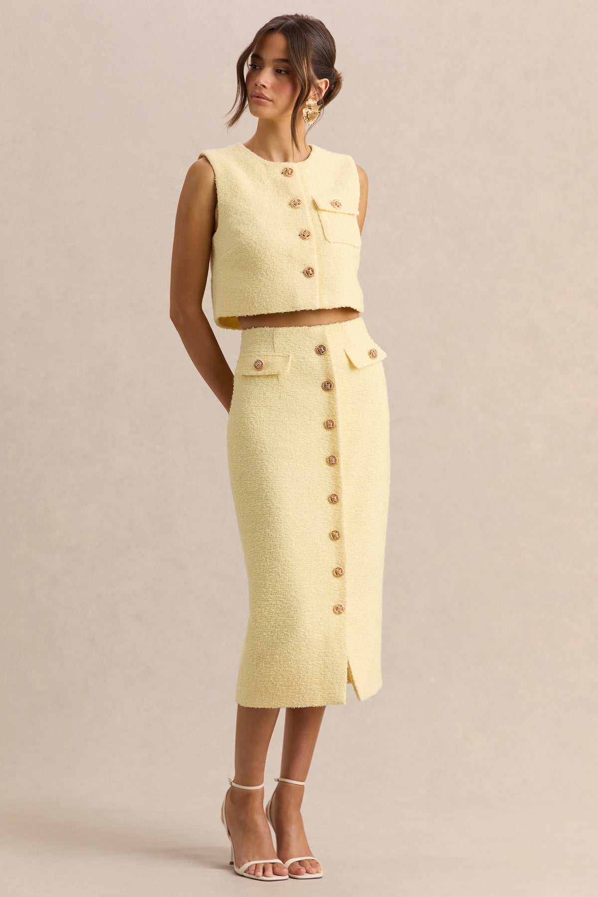 Glyra | Falda midi sastre color limón con detalle de botones