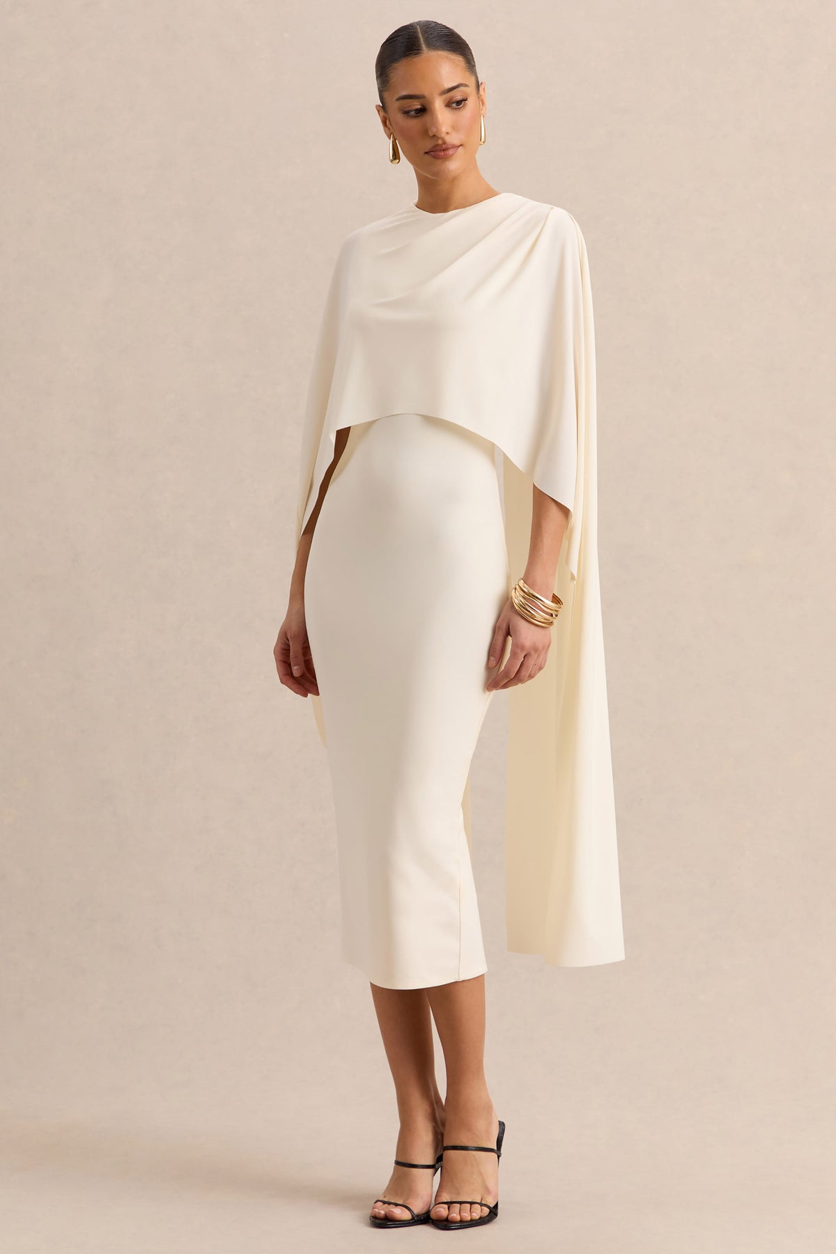 Luxalyn | Vestido Midi Crema de Cuello Redondo con Detalle de Capa