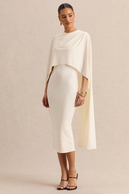 Luxalyn | Vestido Midi Crema de Cuello Redondo con Detalle de Capa