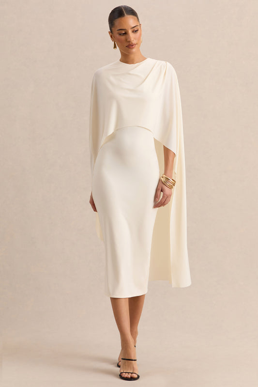 Luxalyn | Vestido Midi Crema de Cuello Redondo con Detalle de Capa