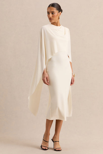 Luxalyn | Vestido Midi Crema de Cuello Redondo con Detalle de Capa
