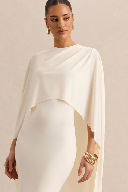 Luxalyn | Vestido Midi Crema de Cuello Redondo con Detalle de Capa