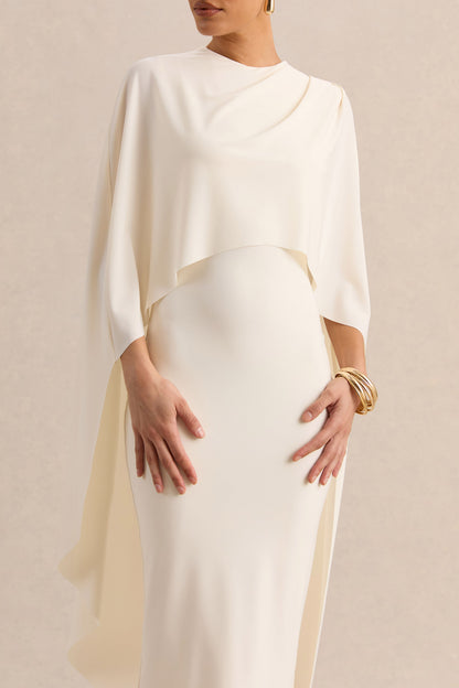 Luxalyn | Vestido Midi Crema de Cuello Redondo con Detalle de Capa
