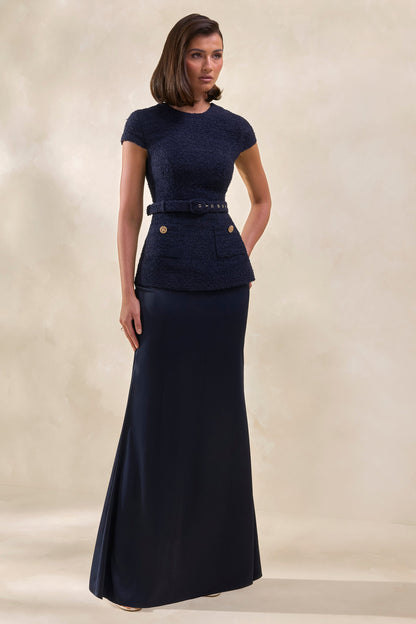 Whispera | Vestido Largo azul marino con cuello redondo, falda de satén y bolsillos
