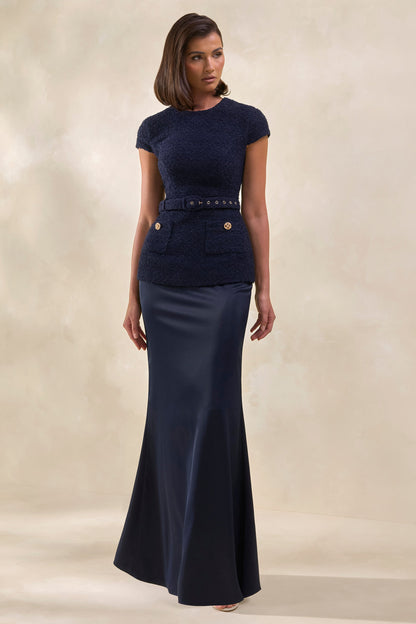 Whispera | Vestido Largo azul marino con cuello redondo, falda de satén y bolsillos