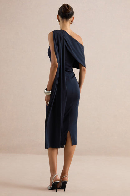 Madelisse | Vestido Midi Azul Marino De Cuello Asimétrico Con Faja