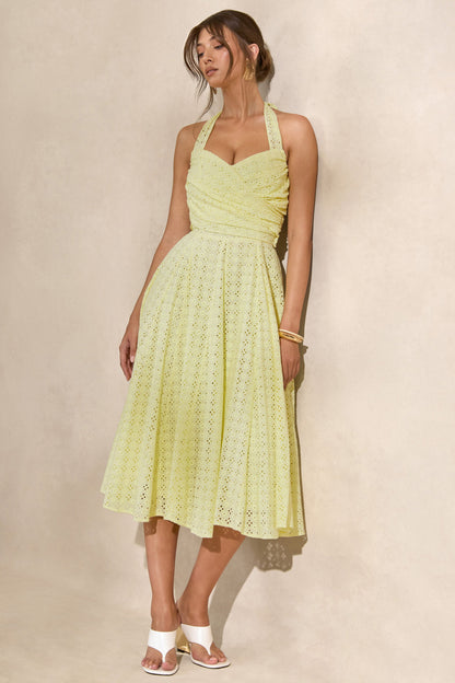Naz | Vestido midi amarillo limón de bordado inglés con escote halter