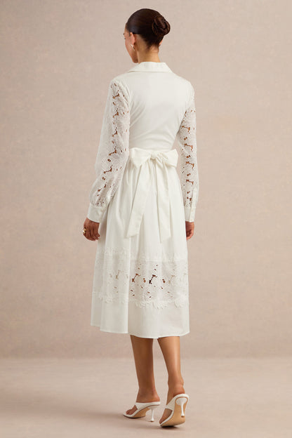 Zalynne | Vestido Midi Blanco Con Cuello Camisero