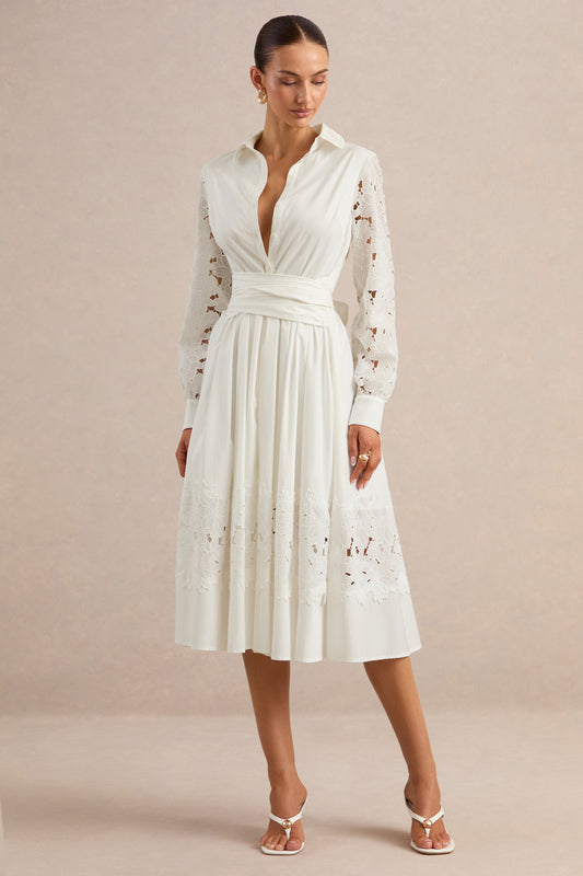 Zalynne | Vestido Midi Blanco Con Cuello Camisero