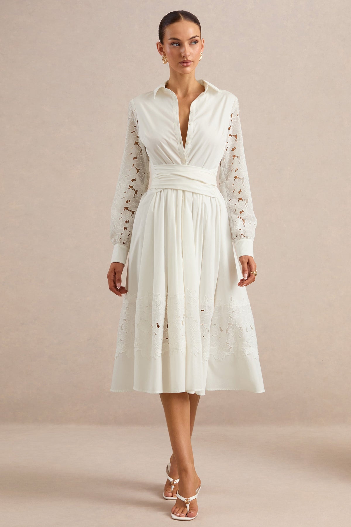Zalynne | Vestido Midi Blanco Con Cuello Camisero
