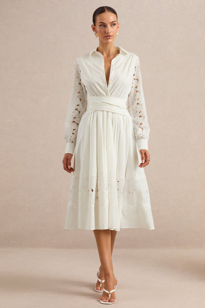 Zalynne | Vestido Midi Blanco Con Cuello Camisero